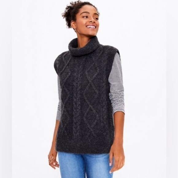 LOFT turtleneck sleeveless cable knit sweater gray women size small NWT - Picture 1 of 4